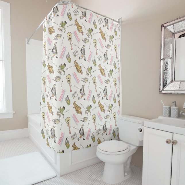 FRIENDS™ Tan Cartoon Pattern Shower Curtain (In Situ)