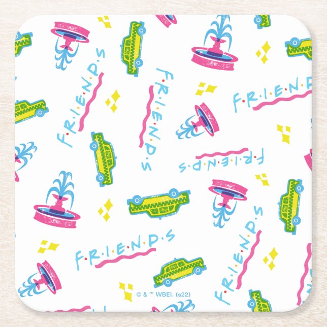 FRIENDS™ Taxi and Water Fountain Pattern Square Paper Coaster (Front)