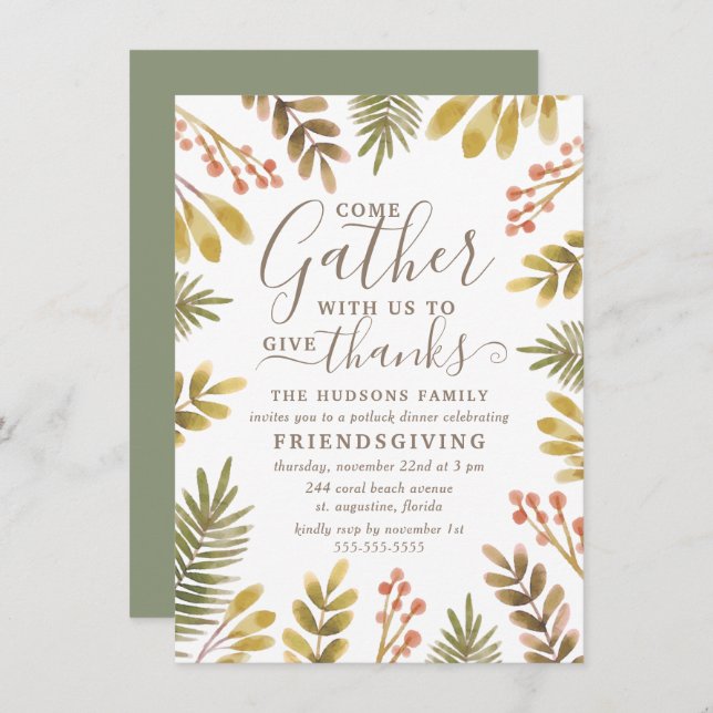 Friendsgiving Autumn Greenery Watercolor Wreath Invitation (Front/Back)
