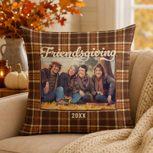 Friendsgiving Autumn Rustic Plaid Photo Cushion
