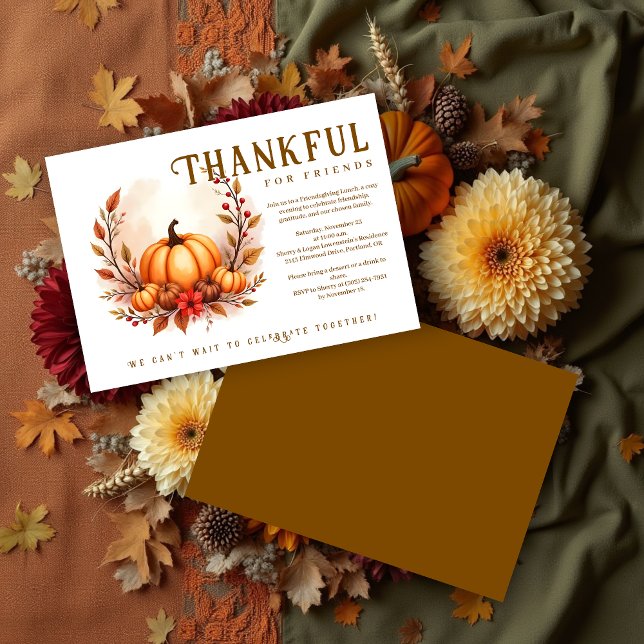 Friendsgiving Botanical Autumn Wreath Pumpkins Invitation (Brown Friendsgiving Ornate Autumn Wreath Watercolor Style Pumpkin Arrangement Invitation Party Cards)