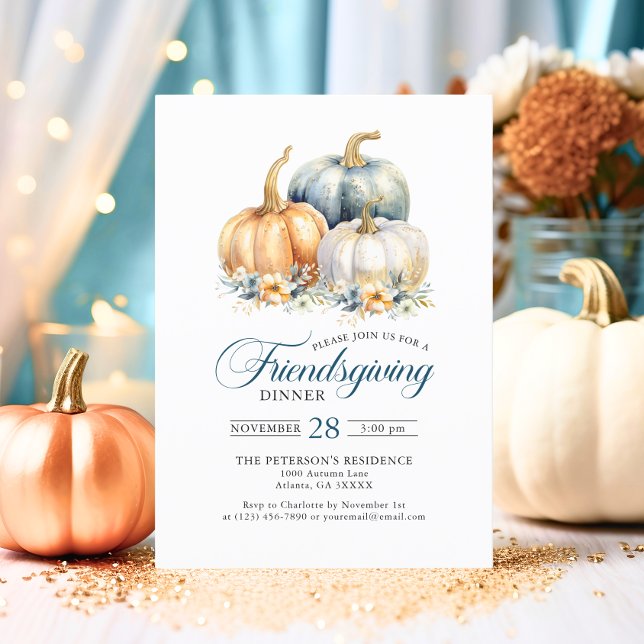 Friendsgiving Dinner Blue Orange Gold Pumpkins Invitation (Friendsgiving Dinner Blue Orange Gold Pumpkins Invitation)