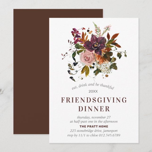 Friendsgiving Dinner Burgundy Red Autumn Floral Invitation (Front/Back)