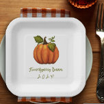 Friendsgiving Dinner Dated Pumpkin Paper Plate<br><div class="desc">Pumpkin paper plates for the Thanksgiving holiday.  Sample text is “Friendsgiving Dinner” with year date.  Choose square or round plates for your gathering.  Holiday paper plates are perfect to use for serving desserts.</div>