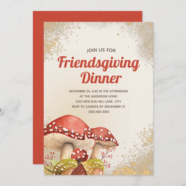 Friendsgiving Dinner Fall Autumn Red Mushroom Gold Invitation (Front/Back)