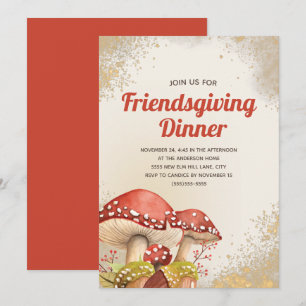 Friendsgiving Dinner Fall Autumn Red Mushroom Gold Invitation