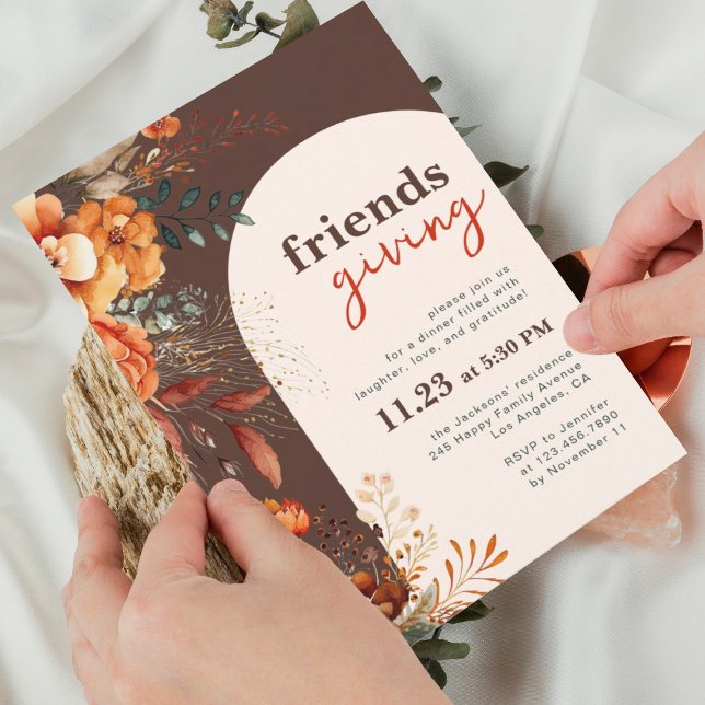 Friendsgiving dinner floral white arch brown invitation (Creator Uploaded)