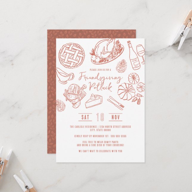 Friendsgiving Dinner Hand Drawn Food Whimsical Invitation (Front/Back In Situ)