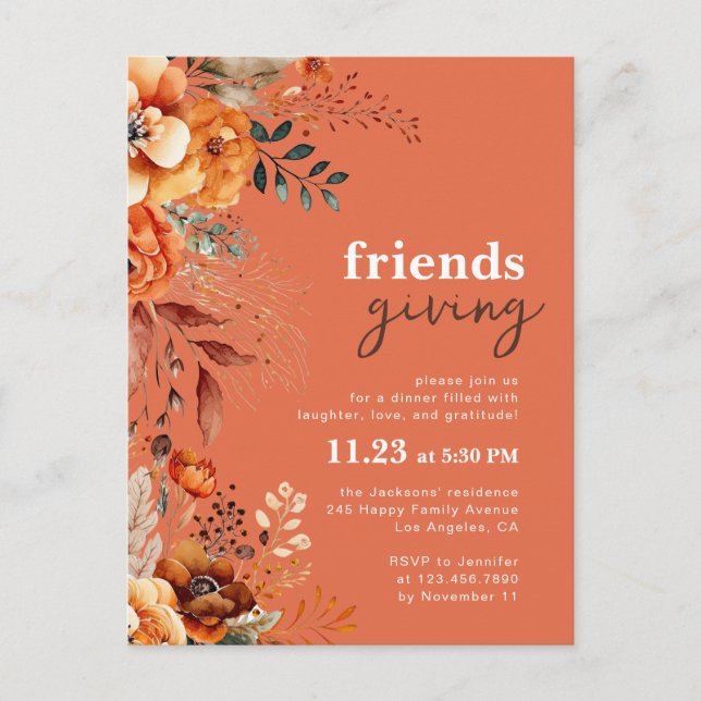 Friendsgiving dinner invitation autumnal floral postcard (Front)