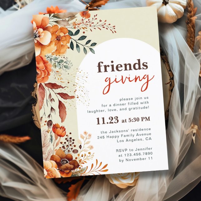 Friendsgiving dinner invitation floral white arch postcard (Creator Uploaded)