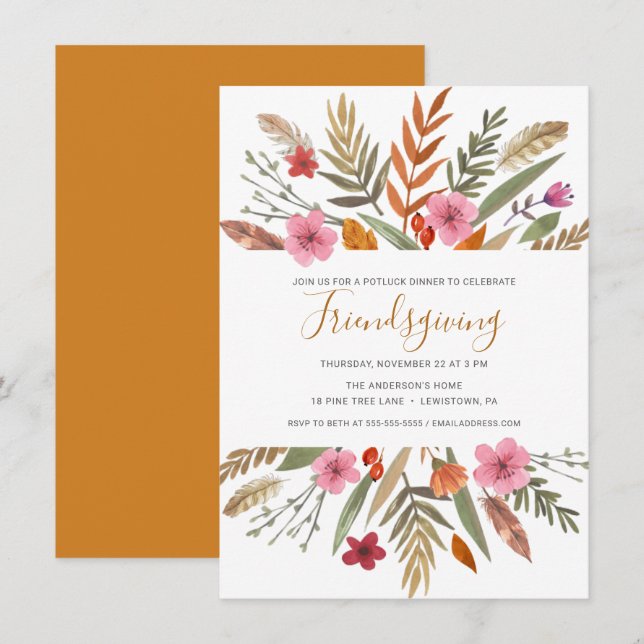 FRIENDSGIVING DINNER INVITE WATERCOLOR FOLIAGE (Front/Back)