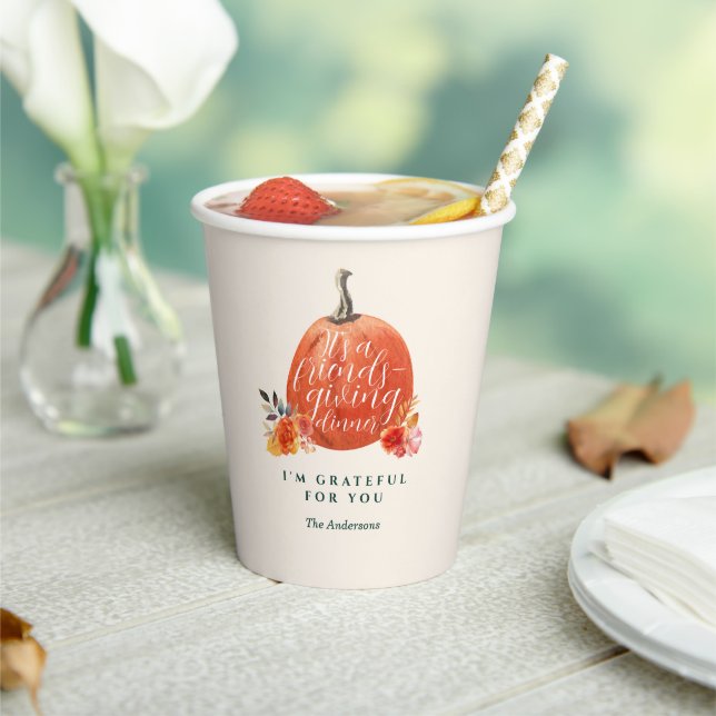 Friendsgiving Dinner Orange Autumn Pumpkin Floral  Paper Cups (Insitu)