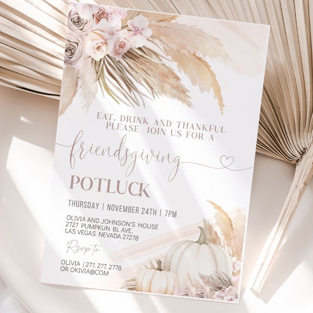 Friendsgiving Dinner Party Thankful Fall Autumn Invitation (Autumn Friendsgiving dinner table setup with warm colors, candles, pumpkins, and fall-themed decorat)