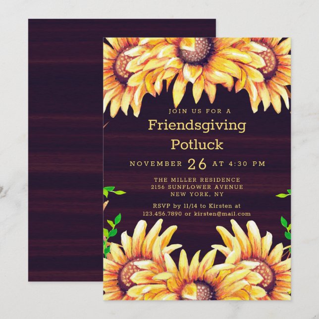 Friendsgiving Dinner Potluck Rustic Fall Sunflower Invitation (Front/Back)