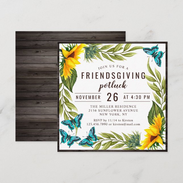 Friendsgiving Dinner Potluck Watercolor Sunflowers Invitation (Front/Back)