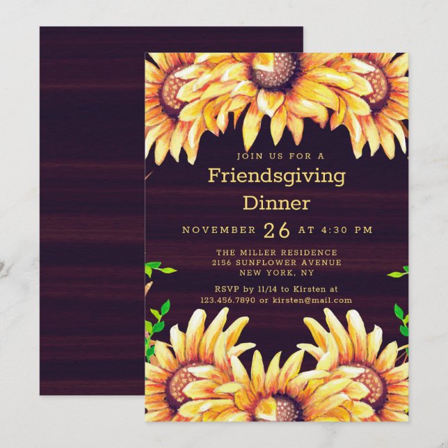 Friendsgiving Dinner Rustic Fall Autumn Sunflowers Invitation (Front/Back)
