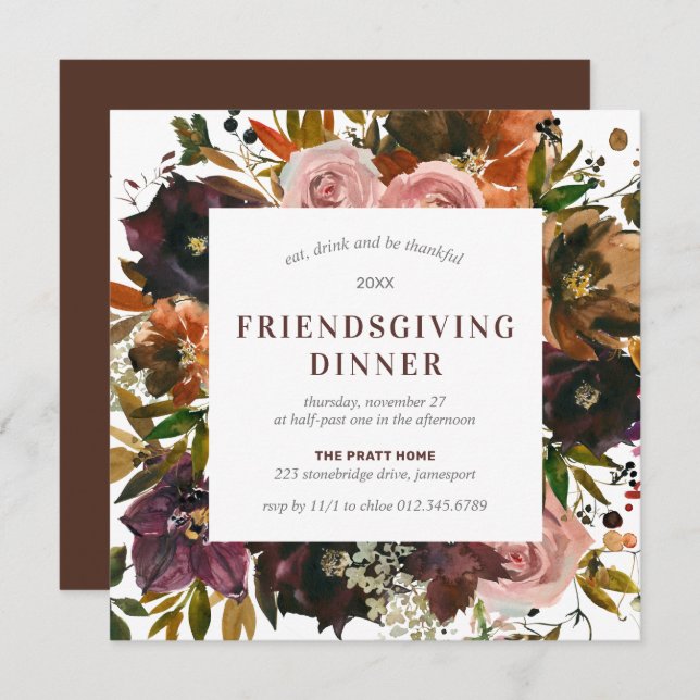 Friendsgiving Dinner Rustic Red Floral Invitation (Front/Back)
