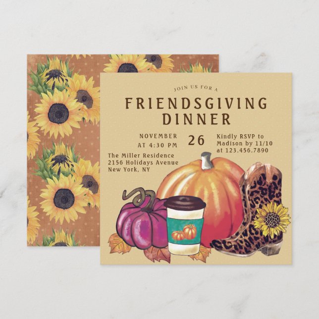 Friendsgiving Dinner Sunflowers Pumpkin Boots Invitation (Front/Back)