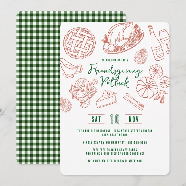 Friendsgiving Dinner Vintage Rustic Food Gingham Invitation (Front/Back)