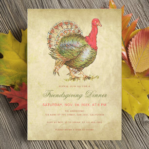 Friendsgiving Dinner Vintage Turkey Antique Paper Invitation