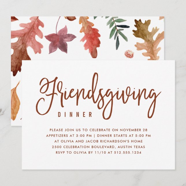 Friendsgiving Dinner | White with Autumn Leaves Invitation (Front/Back)