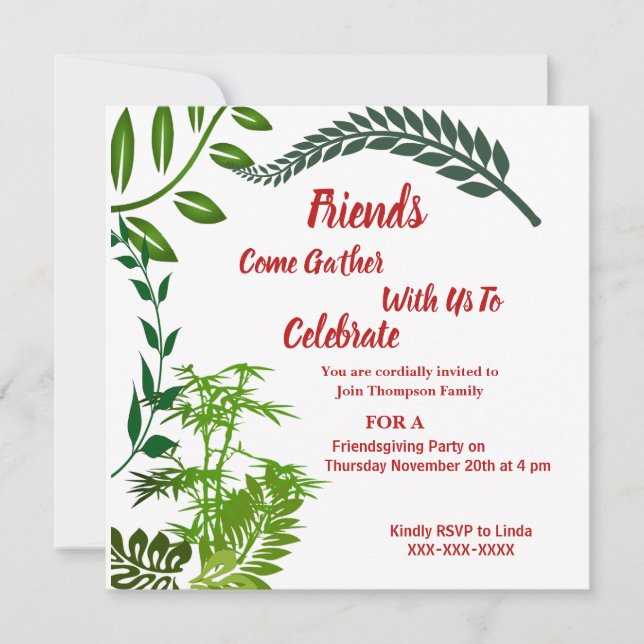 Friendsgiving Fall Autumn Green Foliage Watercolor Invitation (Front)