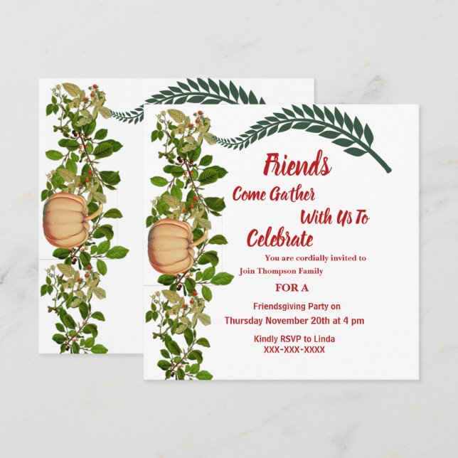 Friendsgiving Fall Autumn Green Leaves Pumpkin Inv Invitation (Front/Back)