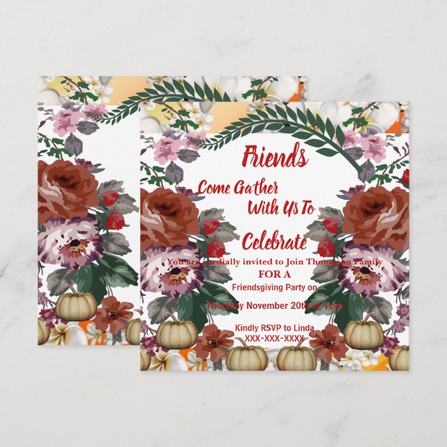Friendsgiving Fall Autumn Pumpkins Watercolor Rose Invitation (Front/Back)