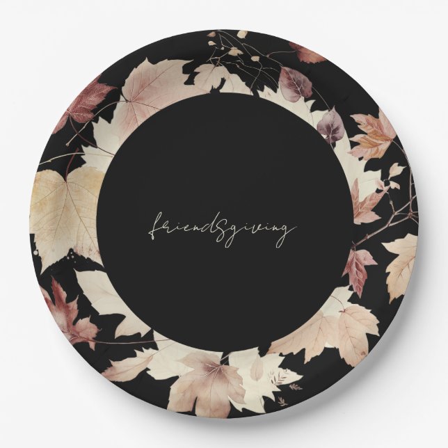 Friendsgiving Fall Leaves Black Thanksgiving  Paper Plate (Front)