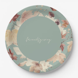 Friendsgiving Fall Leaves Sage Thanksgiving  Paper Plate