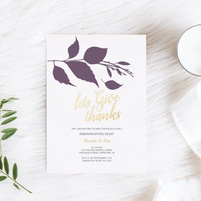 Friendsgiving Fall Purple and White (Friendsgiving invitation for thanksgiving dinner fall leaves purple and white)