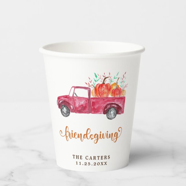 Friendsgiving Fall Script Red Truck Pumpkin  Paper Cups (Front)