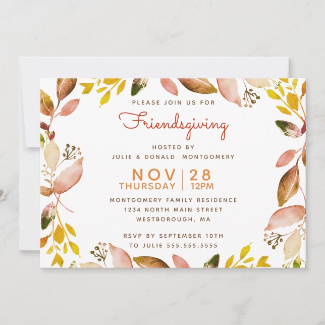 Friendsgiving Gold Copper Autumn Watercolor Leaves Invitation (Front)