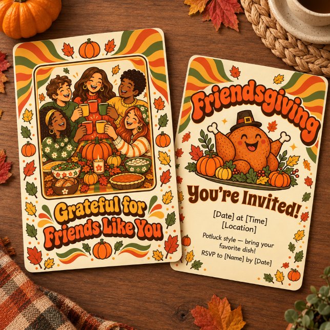 Friendsgiving Groovy Retro Turkey Potluck Invitation (Celebrate friendship with this groovy retro Friendsgiving invitation in cozy autumn colors! 🍂🦃)