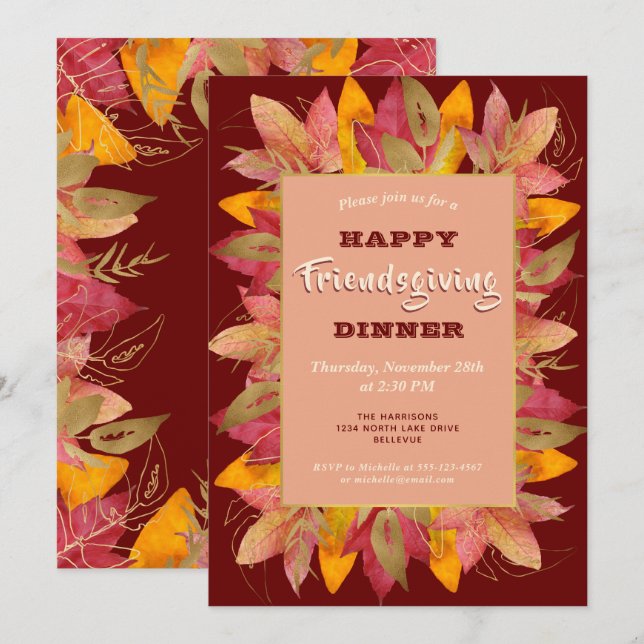 Friendsgiving Invitation Autumn Leaves Burgundy (Front/Back)