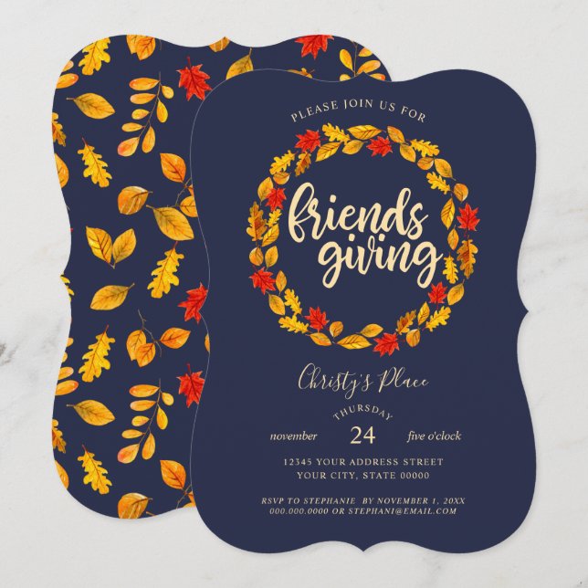 Friendsgiving Navy Autumn Leaves Wreath Invitation (Front/Back)