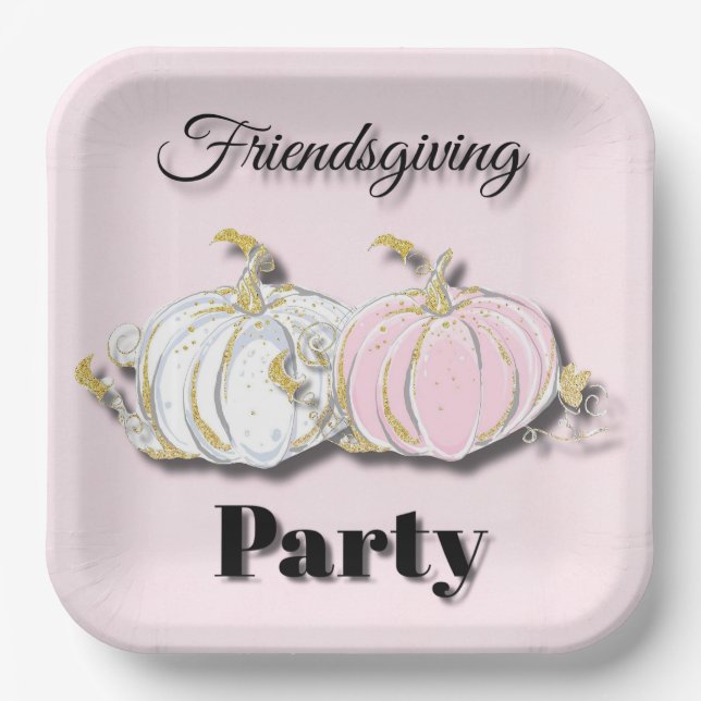 Friendsgiving Party Pink White Pumpkins Paper Plate (Front)
