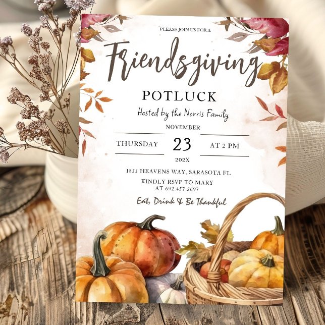 Friendsgiving Potlock Rustic Pumpkin Thanksgiving Invitation (Creator Uploaded)