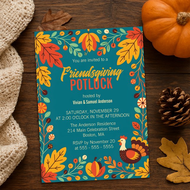 Friendsgiving Potluck Autumn Leaves Turkey Teal Invitation (Creator Uploaded)