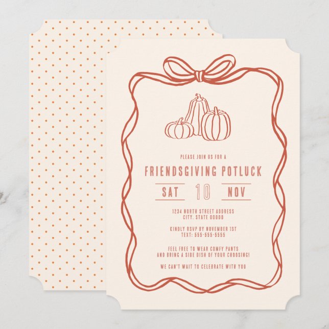 Friendsgiving Potluck Dinner Coquette Bow Pumpkins Invitation (Front/Back)