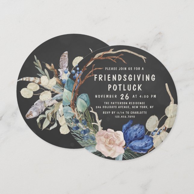 Friendsgiving Potluck Dinner Watercolor Floral Invitation (Front/Back)