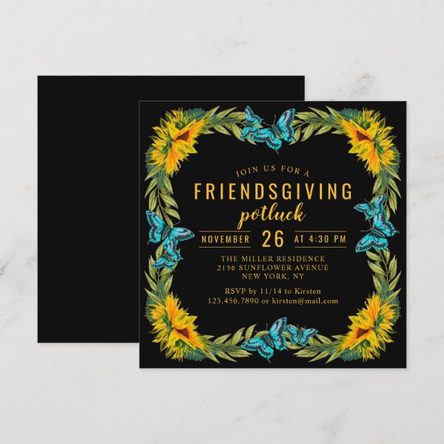 Friendsgiving Potluck Dinner Watercolor Sunflowers Invitation (Front/Back)