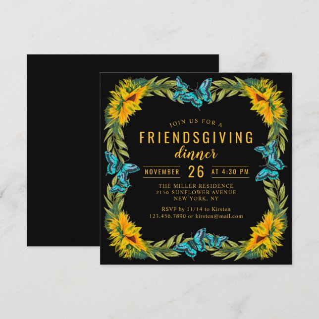 Friendsgiving Potluck Dinner Watercolor Sunflowers Invitation (Front/Back)