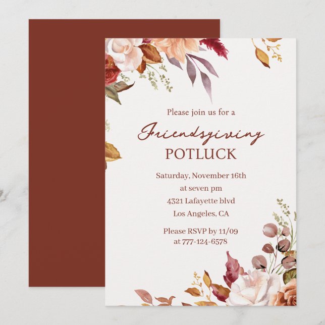Friendsgiving Potluck Invitation | Watercolor Fall (Front/Back)