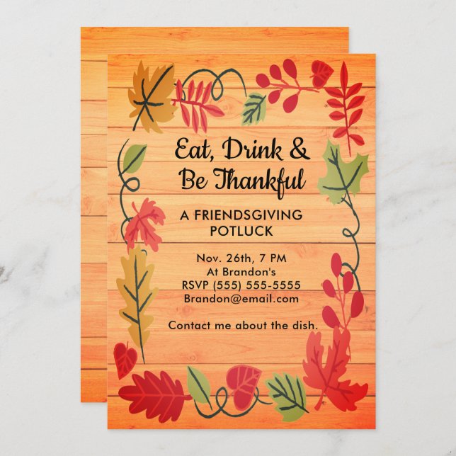 Friendsgiving Potluck Orange Wood Design Invite (Front/Back)