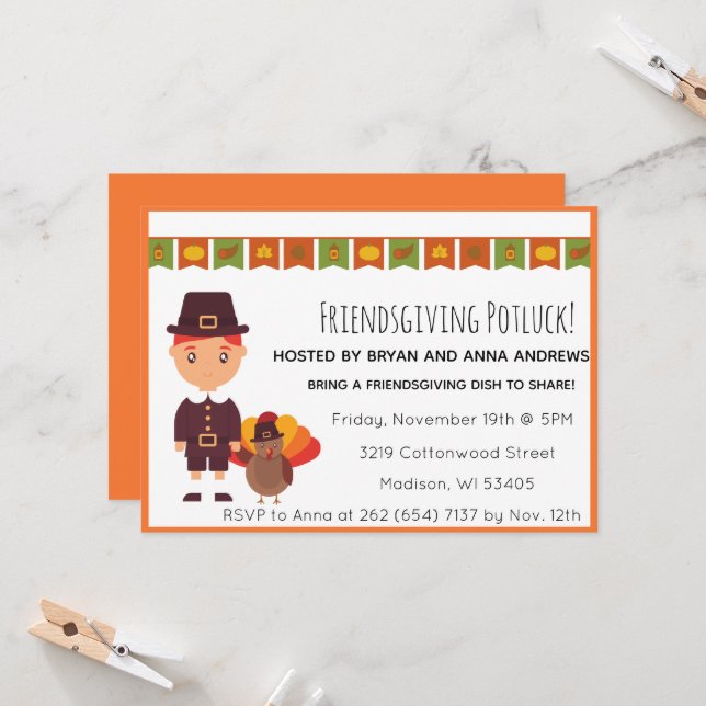 Friendsgiving Potluck Pilgrim Turkey Invitation (Front/Back In Situ)