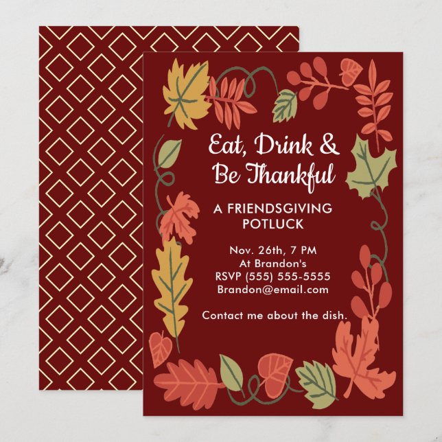 Friendsgiving Potluck Red Thanksgiving Invitation (Front/Back)