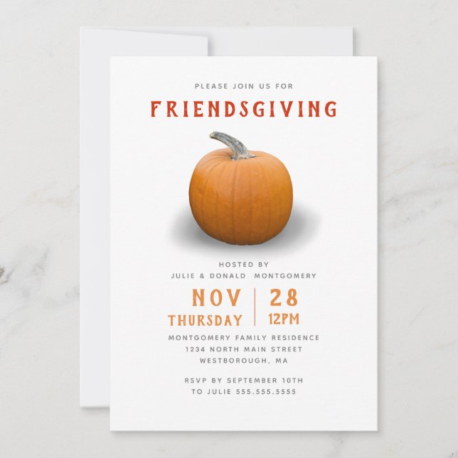 Friendsgiving Pumpkin Modern Orange Invitation (Front)