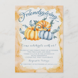 Friendsgiving pumpkin watercolor orange and blue invitation