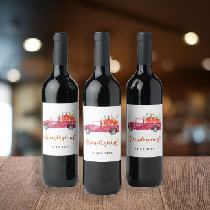 Friendsgiving Red Pickup Truck Pumpkin Script Wine Label